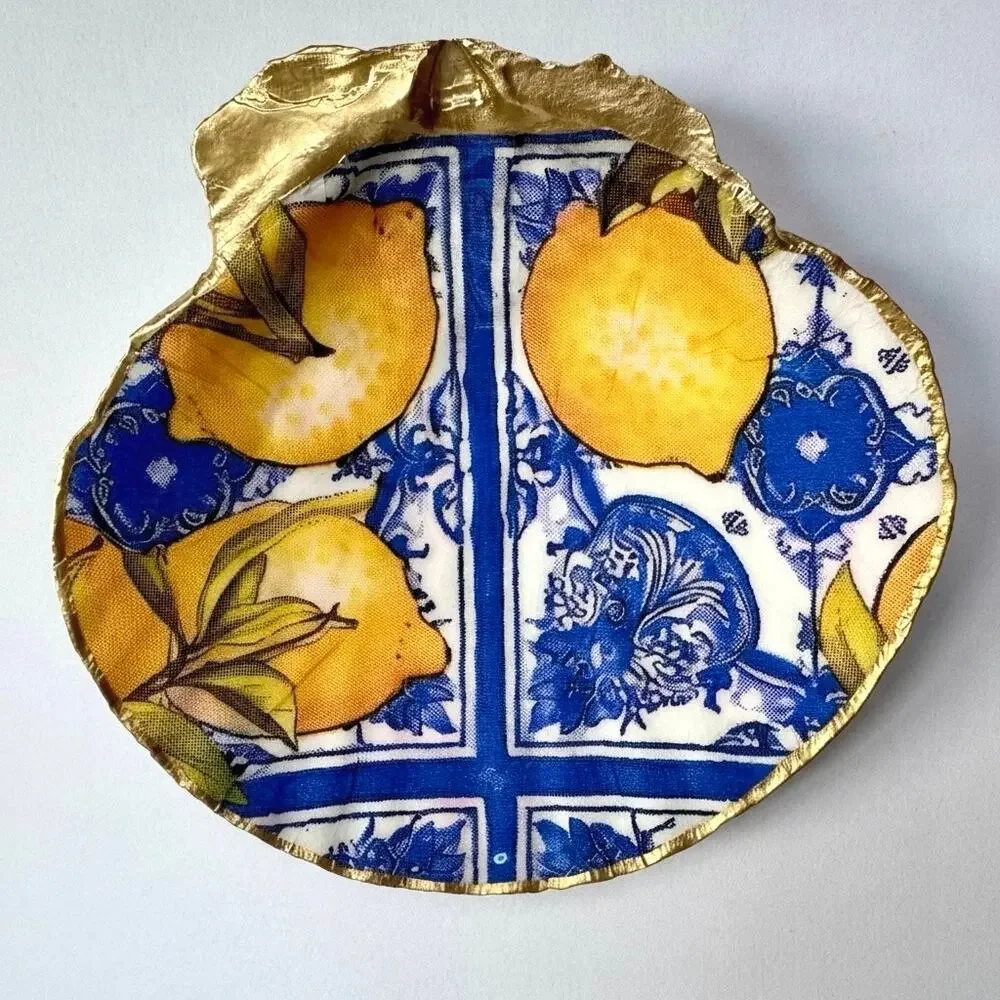 Tile Lemon Shell Dish Handmade Decoupage Scallop Ring Dish Mediterranean Decor
